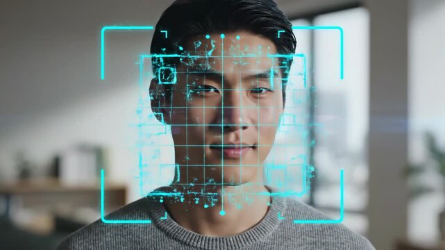 A futuristic facial recognition system scans an Asian man's face. Biometric grid for security and identity verification. Artificial intelligence and technology concept