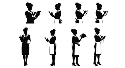 Obraz premium Waitress silhouette vector set restaurant staff order taking art