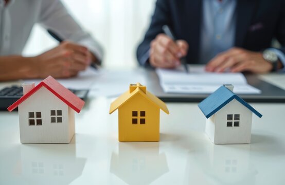 Two people sign papers at desk with house models. Real estate transaction happening, discussing property sale or purchase. Agent and client finalize deal.