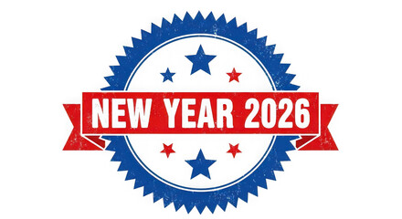 New year 2026 emblem with stars and ribbon, isolated on transparent background