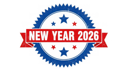 New year 2026 emblem with stars and ribbon, isolated on transparent background