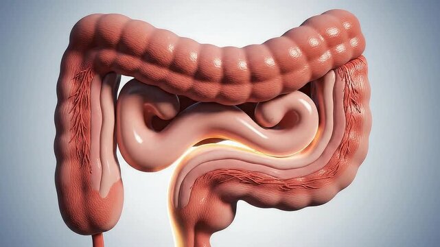 Detailed 3D Medical Animation of the Human Large Intestine and Small Intestine Anatomy with Highlighted Structures and Soft Lighting Against a Gradient Background