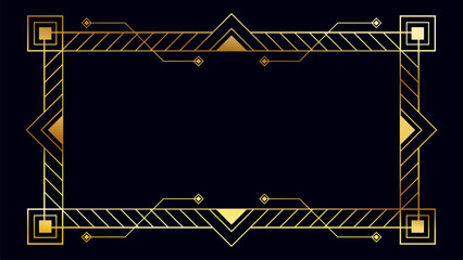 Elegant gold Art Deco frame on a dark background featuring geometric line, symmetrical border, and angular decorative shapes, perfect for luxury invitation, certificate, and premium design template