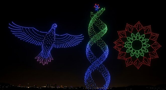 Spectacular drone light show paints the night sky with vibrant aerial art forms celebrating nature and science