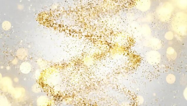 Golden Glitter Particles Swirling in a DNA-like Helix on a White Background with Bokeh Lights.