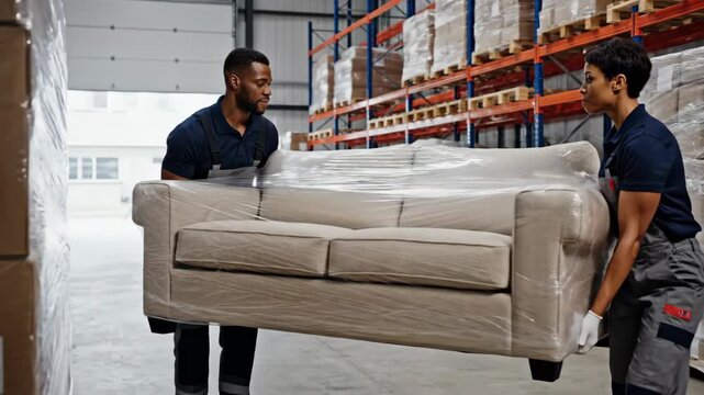 Professional movers carrying a plastic-wrapped sofa in a warehouse. A man and woman work together in a logistics and storage facility. Teamwork and moving services concept
