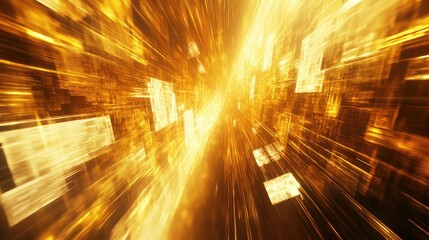 Digital data stream flowing through abstract golden tunnel