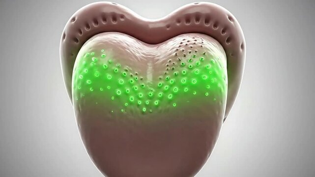Detailed 3D Medical Animation of the Human Tongue Showing Taste Bud Function and Sensory Pathways with Glowing Blue and Green Light Effects on a Neutral Gray Background