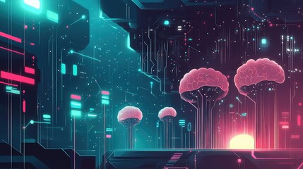 Artificial intelligence brains connecting in cyber network background