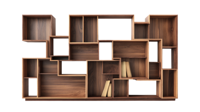 A stylish, asymmetrical wooden bookshelf with multiple compartments against a transparent background, showcasing modern design and natural wood grain, with a few books. background removed
