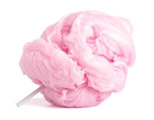 Delicious pink cotton candy on a stick isolated on a white background