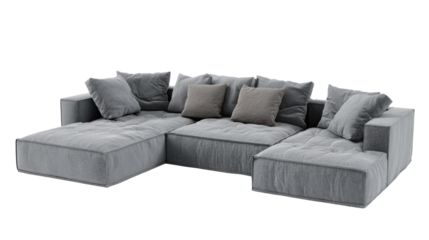 A modern light grey modular L-shaped sectional sofa featuring deep seating and multiple matching throw pillows on a pure transparent background. background removed