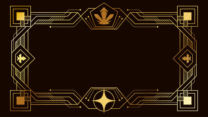 Elegant gold Art Deco frame on a dark background featuring geometric lines, decorative borders, and symmetrical ornamental shapes suitable for luxury invitations, certificates, and premium design 