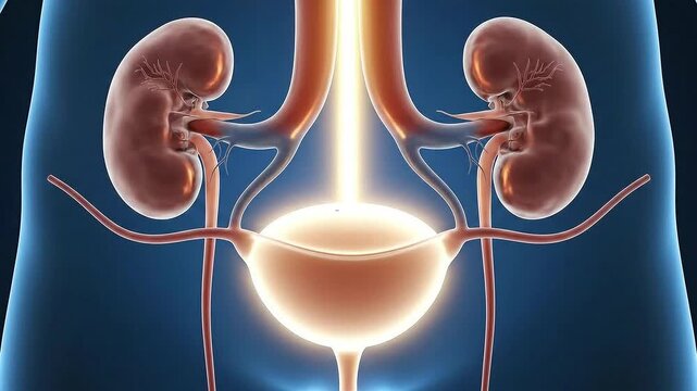 Detailed 3D medical animation showing human urinary system with kidneys ureters and bladder anatomical scientific depiction with glowing pathways and blue background