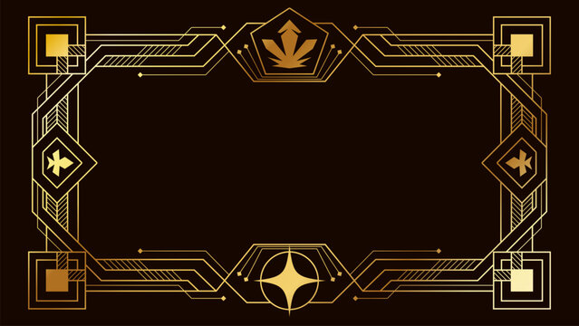 Elegant gold Art Deco frame on a dark background featuring geometric lines, decorative borders, and symmetrical ornamental shapes suitable for luxury invitations, certificates, and premium design 