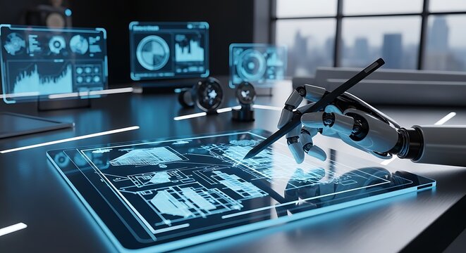 Advanced technology robot hand designs digital blueprint on transparent holographic screen