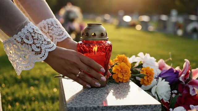 A woman's hands place a memorial candle on a gravestone in a cemetery. Close-up of honoring a loved one's memory at sunset. Grief and remembrance concept