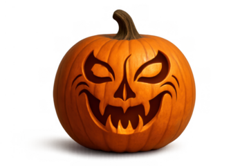 Carved orange pumpkin with a scary face preparing for halloween celebration on a transparent background