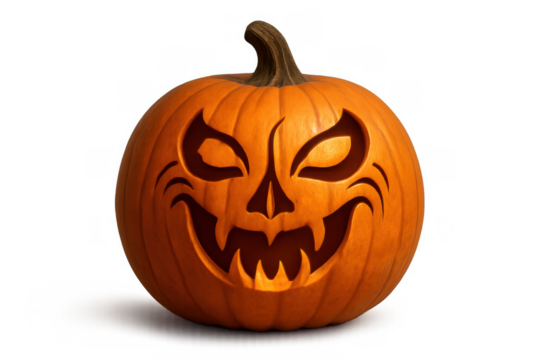 Carved orange pumpkin with a scary face preparing for halloween celebration on a transparent background