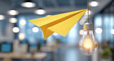 Yellow paper plane flying through modern office with glowing bulb, innovation and agility concept for startup launches, workflow optimization and brand storytelling. High quality