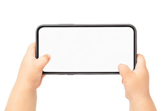 Child's hands holding blank smartphone screen ready for digital content, perfect for app mockups and website designs - Powered by Adobe