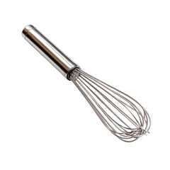 Fototapeta premium A shiny stainless steel balloon whisk, an essential kitchen utensil for mixing and aerating ingredients, isolated on a stark transparent background. background removed