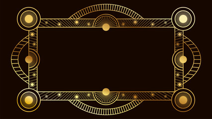 premium Elegant geometric gold frame with circular ornaments and symmetrical Art Deco patterns on a dark background, creating a luxurious decorative border suitable for invitations, certificates