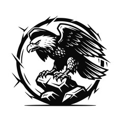 Eagle sitting on a rock in bold black-and-white style, powerful predator bird logo — eagle logo, bird emblem, wild eagle, rock eagle, strong bird