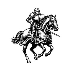 A knight in full armor, riding a horse with a sword in his hand, is depicted. A warrior knight, a horseman, a medieval soldier, a knight in armor, a battle scene