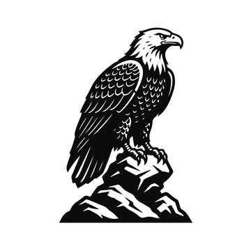Eagle sitting on a rock in bold black-and-white style, powerful predator bird logo &mdash; eagle logo, bird emblem, wild eagle, rock eagle, strong bird