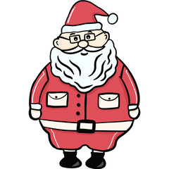 A cute cartoon Santa Claus illustration features a cheerful, hand drawn style.
