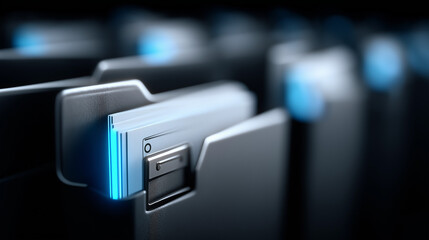 High-tech hologram file system with neon folders, data streams, and document icons floating in a virtual UI, representing cloud database management, AI automation, and next-generation digital document