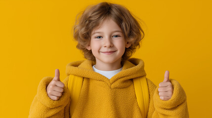 Joyful young schoolboy wearing a yellow backpack and expressing pure excitement while laughing and posing with a big thumbs-up, representing academic enthusiasm, confidence, and back-to-school positiv