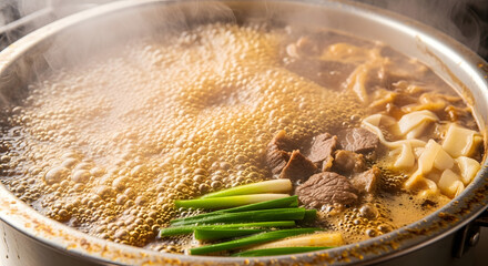 Traditional Asian hot pot simmering with meat and fresh green onions.