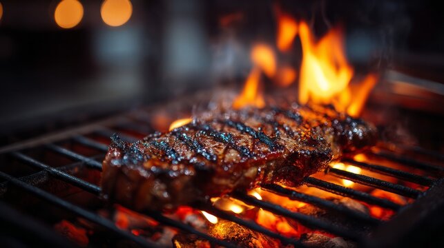 Juicy grilled steak cooking over hot glowing coals with flames licking the edges in a close-up view of a delicious sizzling meat slice preparing a mouthwatering barbecue meal on an outdoor grill