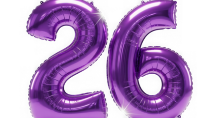 Purple number 26 balloons isolated on transparent background