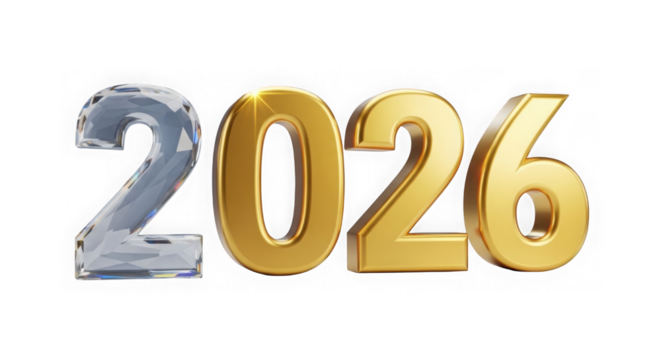 The year 2026 represented by large, metallic numbers, isolated on a transparent background