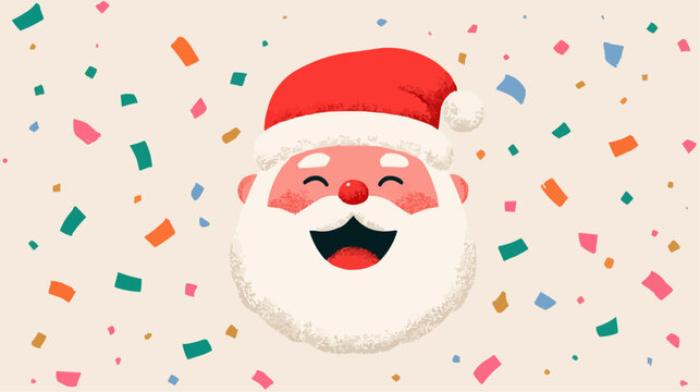 Laughing Santa face badge with confetti on beige background with space for text for festive posters and holiday promotions