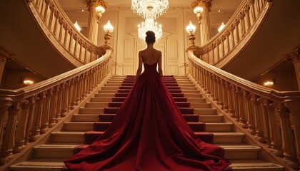 Woman in elegant red gown ascends ornate grand staircase. Lavish interior design with chandeliers and golden balustrades. She appears poised and sophisticated entering a regal ballroom event.