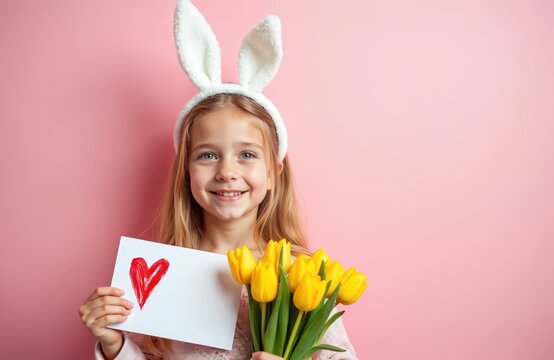 Young girl with bunny ears holds yellow tulips and a card with a red heart. She smiles happily for Easter and Mother Day greetings. Spring celebration concept. - Powered by Adobe