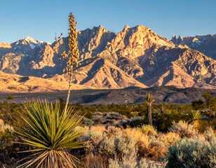 Dramatic Mountain Landscape at Sunrise with Desert Vegetation in the Foreground