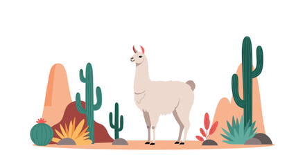 Obraz premium A fluffy llama stands in a desert landscape surrounded by cacti and colorful plants.