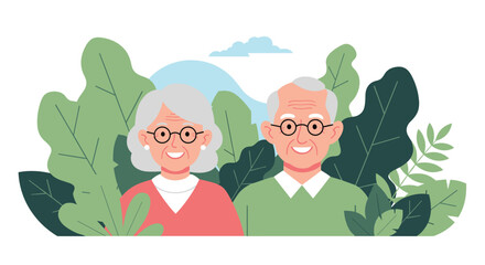 A loving illustration of a happy elderly couple enjoying nature together outdoors.