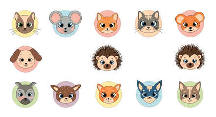 Obraz premium A charming collection of adorable and cute cartoon animal faces for children's designs and educational materials.
