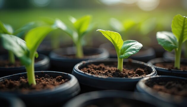 Tiny green seedlings sprout from rich soil inside black pots. Young plants grow indoors under warm light. Fresh leaves unfurl reaching for sun. New life begins.
