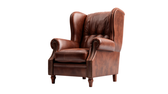 A luxurious brown leather wingback armchair with elegant button tufting, scrolled arms, and decorative nailhead trim, isolated on a transparent background. background removed