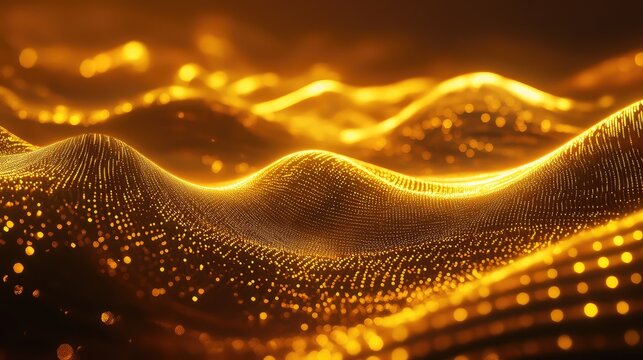 Golden digital waves flowing data particles technology background
