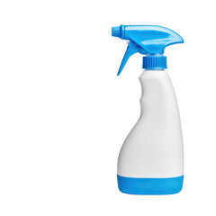 White plastic spray bottle with blue trigger nozzle and base, isolated on a transparent background. Perfect for cleaning, household, or garden use. background removed