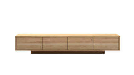 Sleek light oak media console with four storage compartments, featuring a minimalist design and a darker, recessed wooden base. background removed
