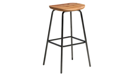 A stylish modern bar stool featuring a sculpted wooden saddle seat and sleek dark metal frame, isolated on a transparent background. background removed